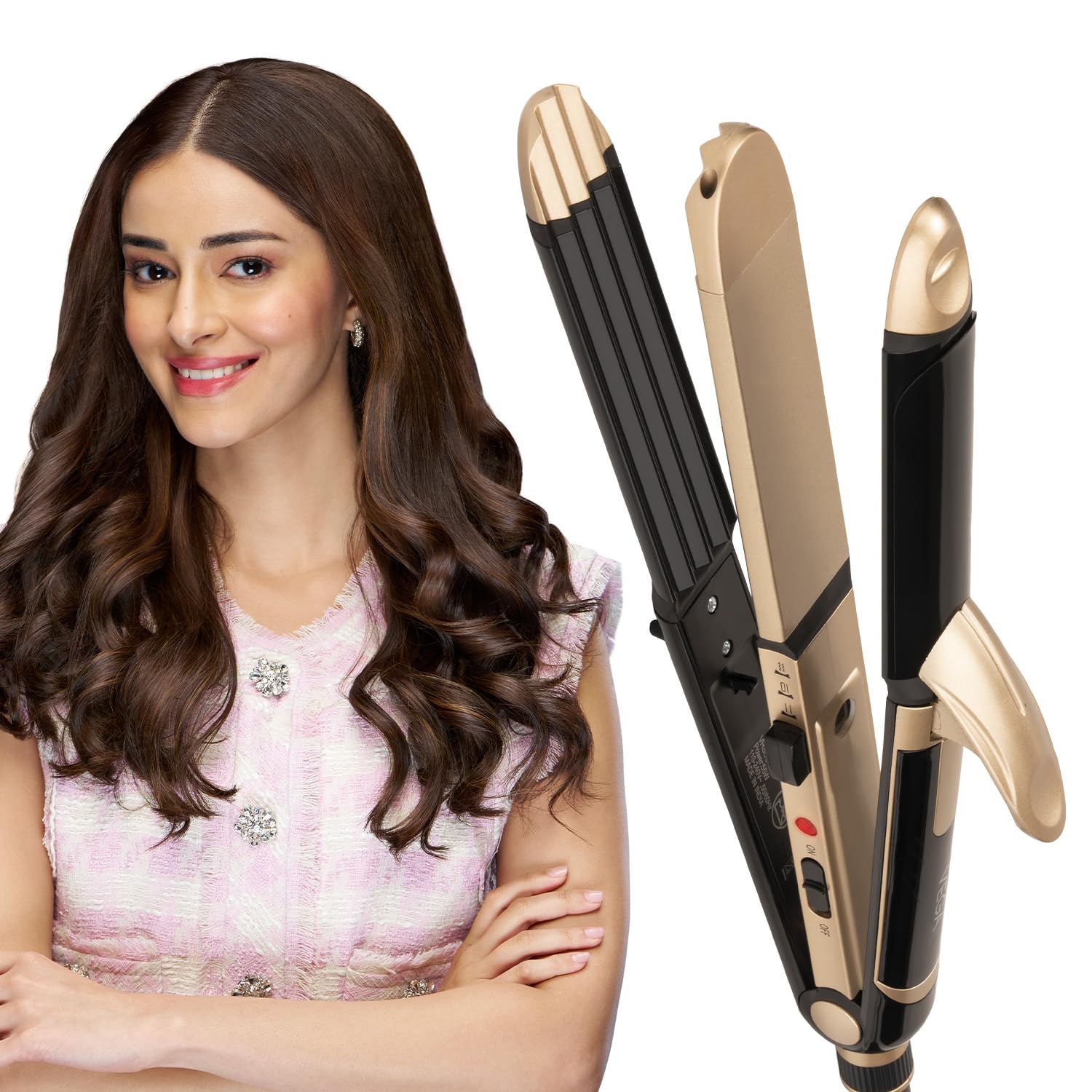 Vega 3 in 1 Hair Styler for Women, (India's No.1 Appliance Brand) | Straightener, Curler and Crimper, Quick Heat up, Suitable for All Types, Gold-Black (VHSCC-01)